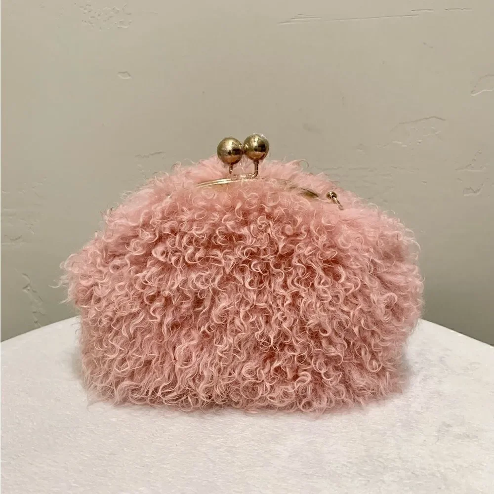 Handmade Genuine Curly Shearling Kisslock Wristlet/Shoulder Bag/Crossbody